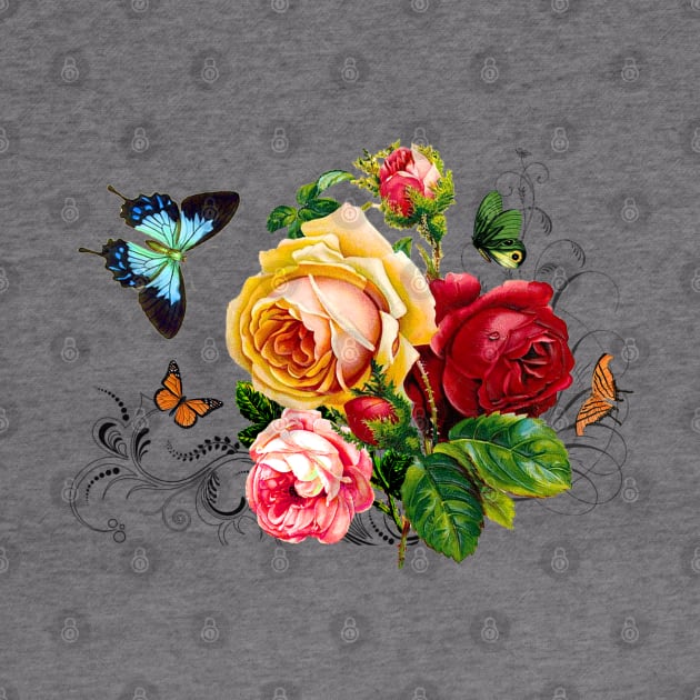 Romantic Roses and Butterflies with Scrolls by LizzyizzyDesign